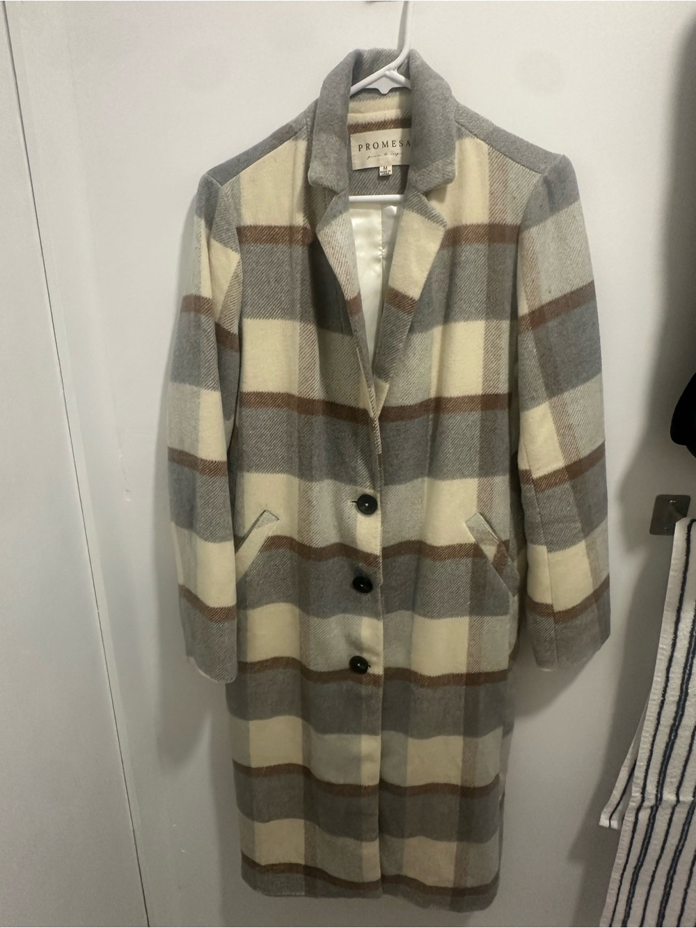 Promesa Cream, Gray & Brown Plaid Long Trench Coat